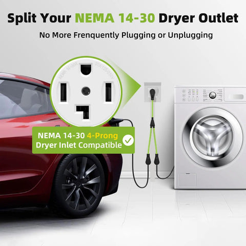 Heavy Duty 30 Amp Nema Y Splitter Adapter With Three Foot Cable Gives You Double The Juice For Serious Ev And Rv Hookups Zero Switching Required Level 2 System showcasing a NEMA 14-30 outlet with multiple plugs.