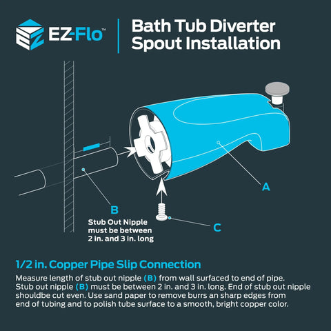 Slide On Chrome Bath Tub Diverter Spout With Zinc Body For Easy Slip On Installation 5-3/8 Inch Length Universal 1/2 Inch Copper Pipe Fit Includes Hex Wrench And Set Screw For Quick Replacement illustration