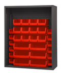 Heavy Duty Steel Shelving Rack With Thirty Red Hook On Storage Bins 48 By 18 By 60 Inches for organized storage in shop.