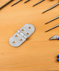 Bi Fold Stainless Steel Tray Hinges 4 Pack For Folding Tables And Desks Round Edge Furniture Hardware on wooden surface