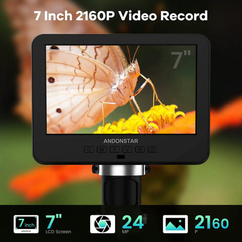 3 Lens UHD Digital Microscope With 2160P HDMI Output And 2000X Magnification For Adults Dope For Soldering Repairs, Coins, Plants, And Biological Slides Crisp Live View For Pro Like Inspection. 7-inch LCD screen displaying butterfly close-up