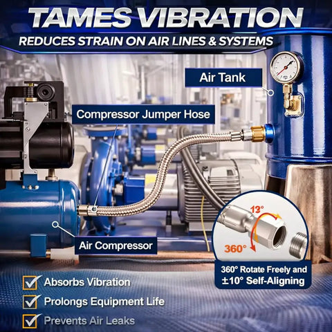1/2 Inch NPT Male 20 Inch Compressor Jumper Hose With Dual Swivel Fittings connecting air compressor to air tank in workshop