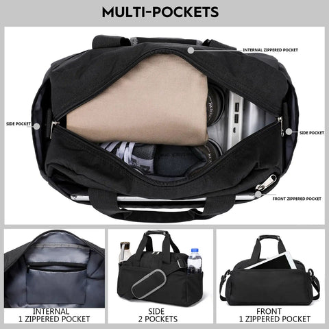14 Inch Small Gym Bag For Women And Men, Mini Duffle For Travel And Sports, showing multiple pockets and content organization