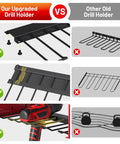 Comparison of upgraded cordless tool holder wall mount with charging station versus old model, showing enhanced support and design.
