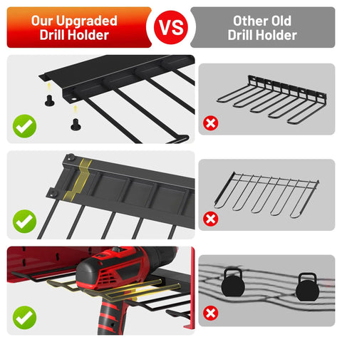 Comparison of upgraded cordless tool holder wall mount with charging station versus old model, showing enhanced support and design.
