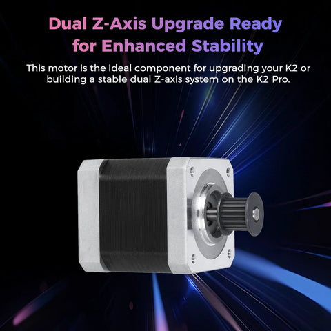 Creality K2 Pro Z-axis stepper motor, front view; silver mounting plate, black housing, drive shaft with pulley