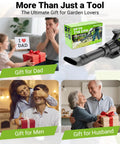 Collage showing Cordless Leaf Blower With 715 CFM Airflow And 200 MPH Wind as a gift for dad, men, husband with people exchanging gifts.
