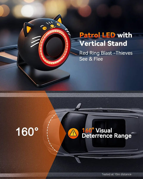 120dB Cat Shaped Car Alarm With Motion Sensor And Red Flashing Light Wireless Remote Anti Theft Device For Cars Trucks SUVs And RVs USB Rechargeable Vehicle Security Alert Lights Upgrade Five Point Zero, cat-shaped unit on stand