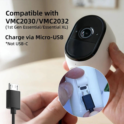 Close-up of Arlo Essential XL camera with Micro USB charging cable connection for 3.2W Solar Panel For Security Cameras Compatible With Arlo Essential XL Waterproof Charger With 13Ft Cable And 360 Degree Adjustable Mount Micro USB And USB C For 5V Rechargeable Cameras.