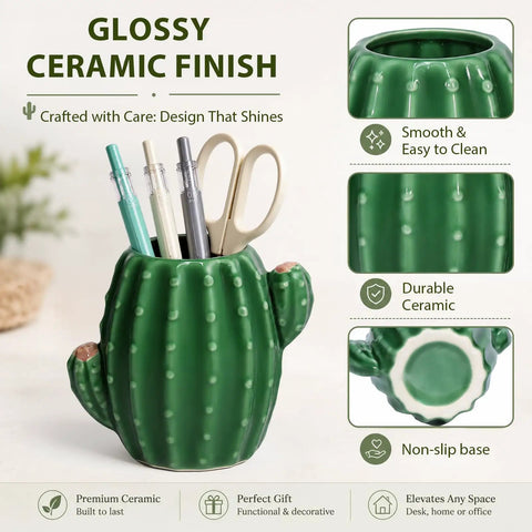 Cactus Desk Organizer Set with Ceramic Pen Holder and Paper Clip Holder for Women, featuring a glossy green cactus design.