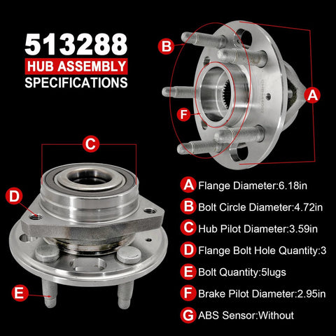 Pair 513288 Front Or Rear Wheel Bearing Hub Assembly That Fits Malibu 2013 2015 Impala 2014 2017 CTS XTS 2013 2017 Lacrosse Regal 2011 2017 Terrain 2010 2017 Five Lug diagram showing specifications.