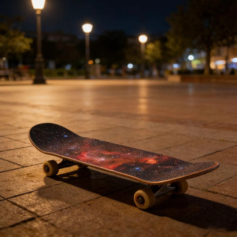 Skateboard with Grippy Grip Tape Sandpaper Pro Grade Anti Slip Foot Pad at night, showcasing fine grit for maximum traction.