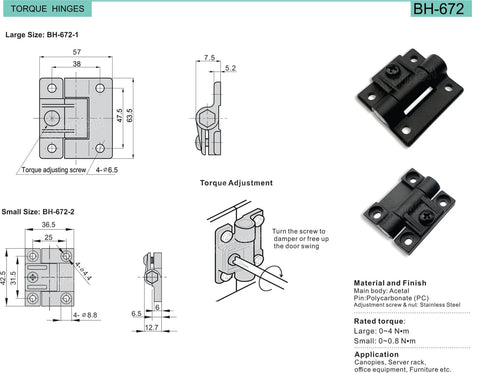 Two Pack Adjustable Torque Hinge With 0-0.8 Nm Symmetric Torque For Electronics Boxes And Pochade Boxes Durable Acetal Hinge Body With Polycarbonate Pin And Stainless Steel Screw Nut Replacement BH-672-2 OWACH E6-10-301-20 with dimensions and materials