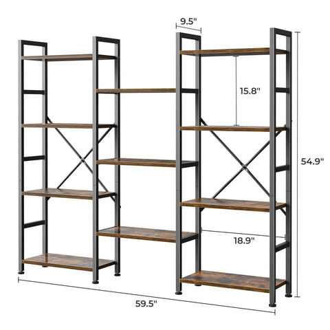11 Shelf Ladder Bookcase With Open Display Shelves For Home And Office Wide Bookshelf For Books Decor CDs And More Storage Game Strong Sturdy Brown Finish Space Saving Organizer For Living Room Or Studio dimensions shown