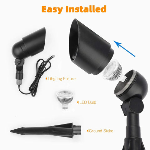 2 Pack Low Voltage LED Landscape Spotlight Set 12V 5W 450 Lumen Warm White Cast Aluminum Outdoor Lights for Garden Lawn Porch Patio and Yard Waterproof Black Finish dissected parts for easy installation