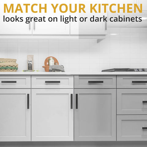 Modern kitchen with Matte Black Cabinet Pulls 25 Pack, 5.5 Inch Length With 5 Inch Hole Spacing on white cabinets