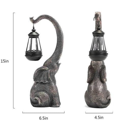 Outdoor Solar Powered Elephant Garden Statue With LED Lantern Lights, waterproof resin, 15 inch tall, cute trunk detail