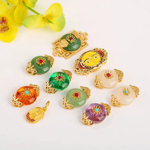 Top Shelf Sand Gold Inlay Stone DIY Jewelry Beads Featuring Braided Rope Accents And Durable Baking Lacquer Coating For Fly Bracelets Necklaces And Badass Pendant Spacers Pack Of 10 assorted multi-colored beads with gold accents on a flat surface.