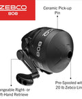 Spincast Reel And Fishing Rod Combo, 7 Foot Two Piece Rod With Size 80 Reel, Changeable Right Or Left Hand Retrieve, Pre Spooled With 20 Pound Line, No Tangle Push Button, Hook N Go Ready, Black reel features labeled.