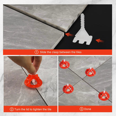 Tile Leveling System 1/8 Inch With 300 Spacers And 100 Red Cap Clips for professional ceramic tile and stone installation demo