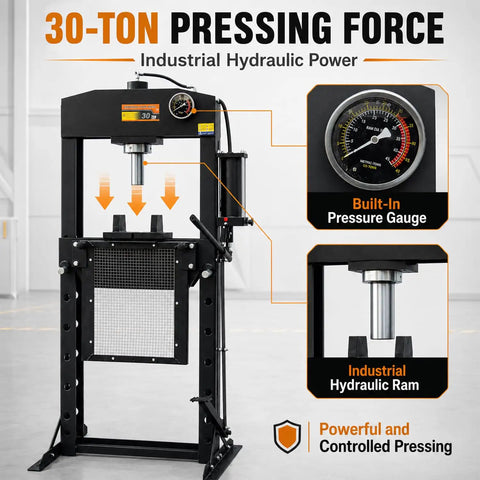 Heavy Duty Air Hydraulic Shop Press With Foot Pedal Totally Badass Rig showcasing 30-ton pressing force and built-in pressure gauge.
