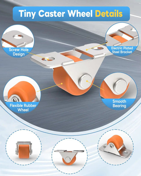 Mini Low Profile Rubber Caster Wheels 0.5 Inch, Self Adhesive And Screw Mounted Fixed Casters For Furniture And Appliances, No Sweat Setup Delivers A Slick Smooth Glide, Smart Mobility Hack For Desk Organizers And Storage Bins, Orange 16 Pack detailed view of flexible rubber wheel and steel bracket.