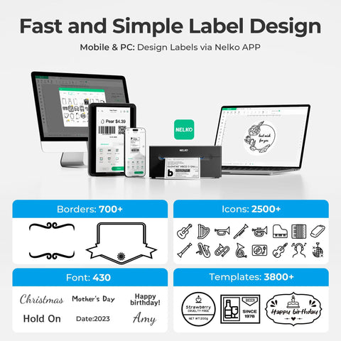 Bluetooth Thermal Shipping Label Printer For Small Biz Wireless 4x6 Label Printer That Works With IPhone Android Windows Great For Amazon eBay Shopify Etsy White displayed with mobile and desktop design app