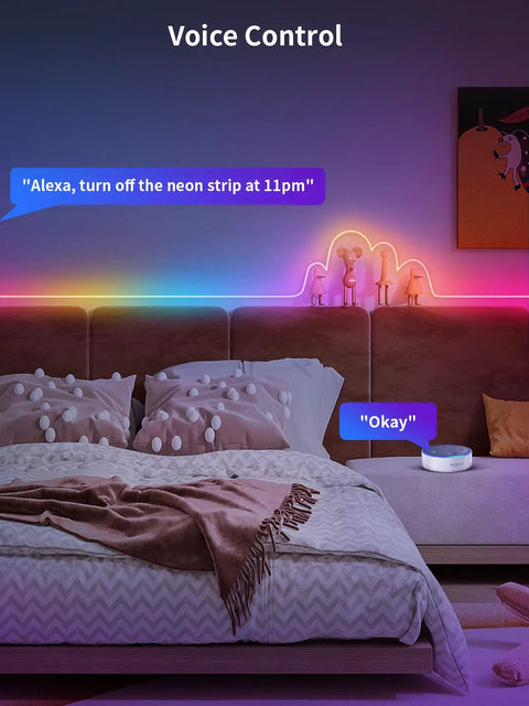 Bedroom with RGB IC Neon Rope Light 20Ft With App And Remote Control above bed, controlled by voice command for ambiance.