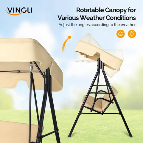 Outdoor Porch Swing With Adjustable Canopy And Heavy Duty Stand, close-up of canopy in beige with steel frame and backdrop.