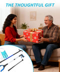 Woman giving gift with Senior Daily Living Assist Kit No Bending Sock Aid Foldable Reacher Grabber and other tools inset