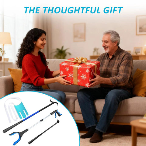 Woman giving gift with Senior Daily Living Assist Kit No Bending Sock Aid Foldable Reacher Grabber and other tools inset