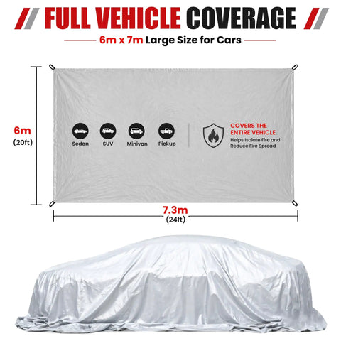 Heavy Duty Silicone Coated Fiberglass Vehicle Fire Blanket Badass Auto Protection Shield For Electric Cars And Trucks displayed with dimensions of 6m x 7.3m.
