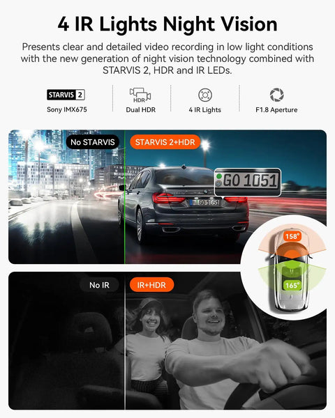Dual Dash Cam For Your Ride With 5G WiFi Front 2.7K And Interior 1080P HDR night vision comparison with STARVIS 2 technology