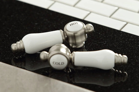 Replacement handles for Bel Air Basin Tap Faucet With Lever Handle Brushed Nickel Finish, displayed on countertop