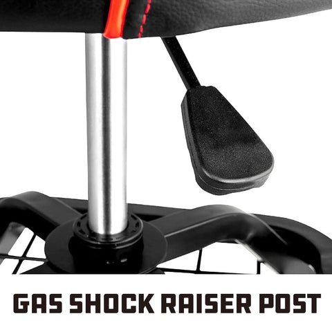 Close-up of gas shock raiser post on black rolling stool with lumbar support for garage use, adjustable height feature visible.