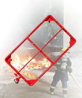 Heavy Duty EV Battery Cooling Extinguisher With Steel Push Pull Rod For Lithium Pack Fire Suppression At Charging Stations And Fuel Pumps Keeps Your Rig Cool No Sweat with firefighter and flames in background.