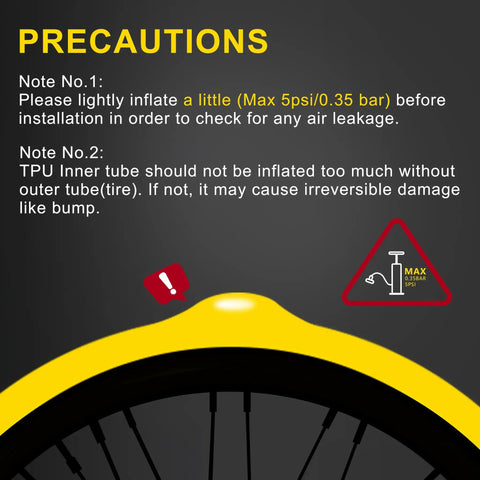 Precaution guide for TPU Inner Tube With Metal Presta Valve For Gravel Road And MTB Bikes with max inflation warning.
