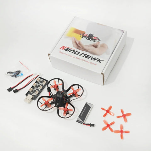 Nano Hawk FPV 65mm Tiny Indoor Outdoor Micro Whoop Drone with accessories and packaging box.