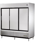 Heavy Duty Three Section Reach In Refrigerator Sixty Nine Cubic Feet Solid Slide Door Heavy Hitter Stainless Steel Cabinet front view.