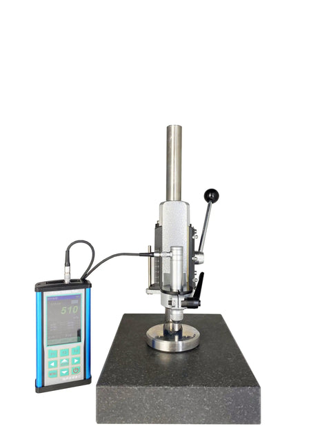 Portable Ultrasonic Hardness Tester With Sturdy Test Stand And Fine Probe 1kgf Load on a stable granite surface.