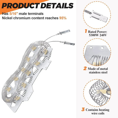 DC47-00019A Dryer Heating Element 5300 Watts 240 Volts Replacement For Samsung Dryers with coiled wire and terminals