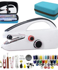 Heavy Duty Handheld Sewing Machine Kit With Blue Leather Storage Case And 110 Piece Sewing Kit displayed with accessories.