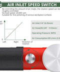 Air inlet speed switch detail for Upgraded Air Angle Grinder 90 Degree Right Angle Die Grinder At 20000 Rpm with specs chart.