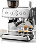Dual Boiler Espresso Machine With Integrated Grinder And 20 Bar Pump pouring shots into glasses with milk steaming pitcher.