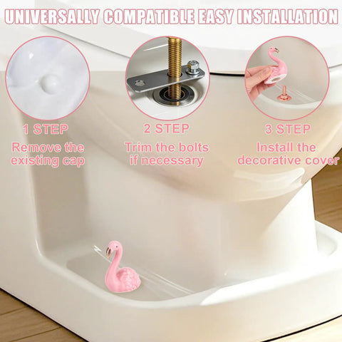 Installation steps for Totally Vibes Super Sweet Pink Flamingo Ceramic Toilet Bolt Covers with pink flamingo figurine.