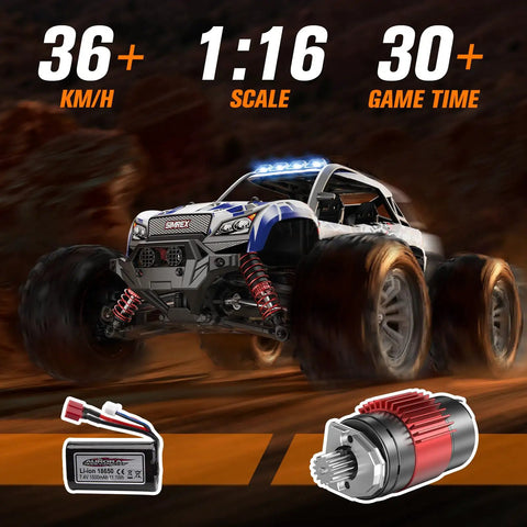 1/16 Scale Hobby Grade RC Monster Truck With 4WD Power And 36 KPH High Speed Off Road Beast, showcasing battery and motor