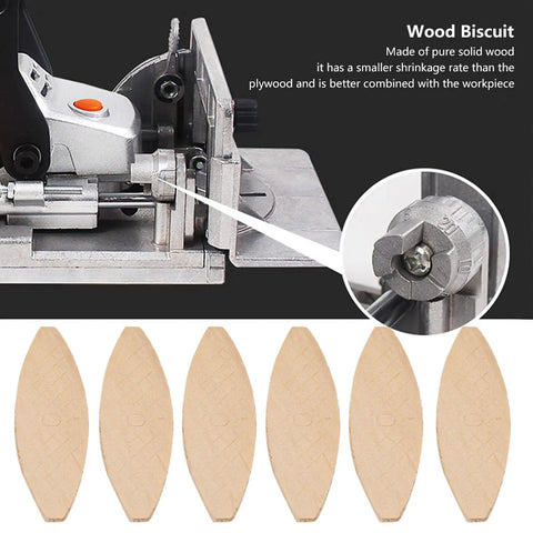 Solid Beech Wood Joining Biscuits Set, 100 Pack For Woodworking, Sizes 0 10 20, shown with biscuit joiner