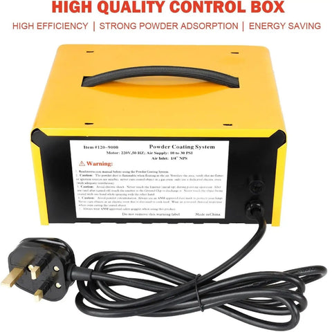 Total Workhorse Portable Powder Spray Gun With Foot Switch, 5 Stage Electric Coating System For Massive Outdoor Projects And Shop Gear, No Sweat Finish Machine control box with yellow cover and power cord.