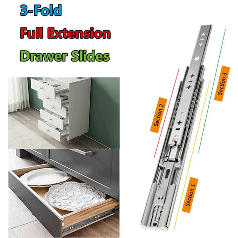 Beefy Heavy Duty Soft Close Cabinet Drawer Slides Pair Full Extension Ball Bearing Telescoping Rails Smooth Quiet Glide Heavy Hitter Hardware 100kg Capacity Cold Rolled Steel For Home Use Sizes From 14 Inches To 32 Inches Set Nails The Job 3-fold drawer slide section view