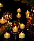 100 Pack Flameless LED Tea Light Candles For Parties And Home Decor Party Ready Warm Yellow Flicker Realistic Glow displayed elegantly